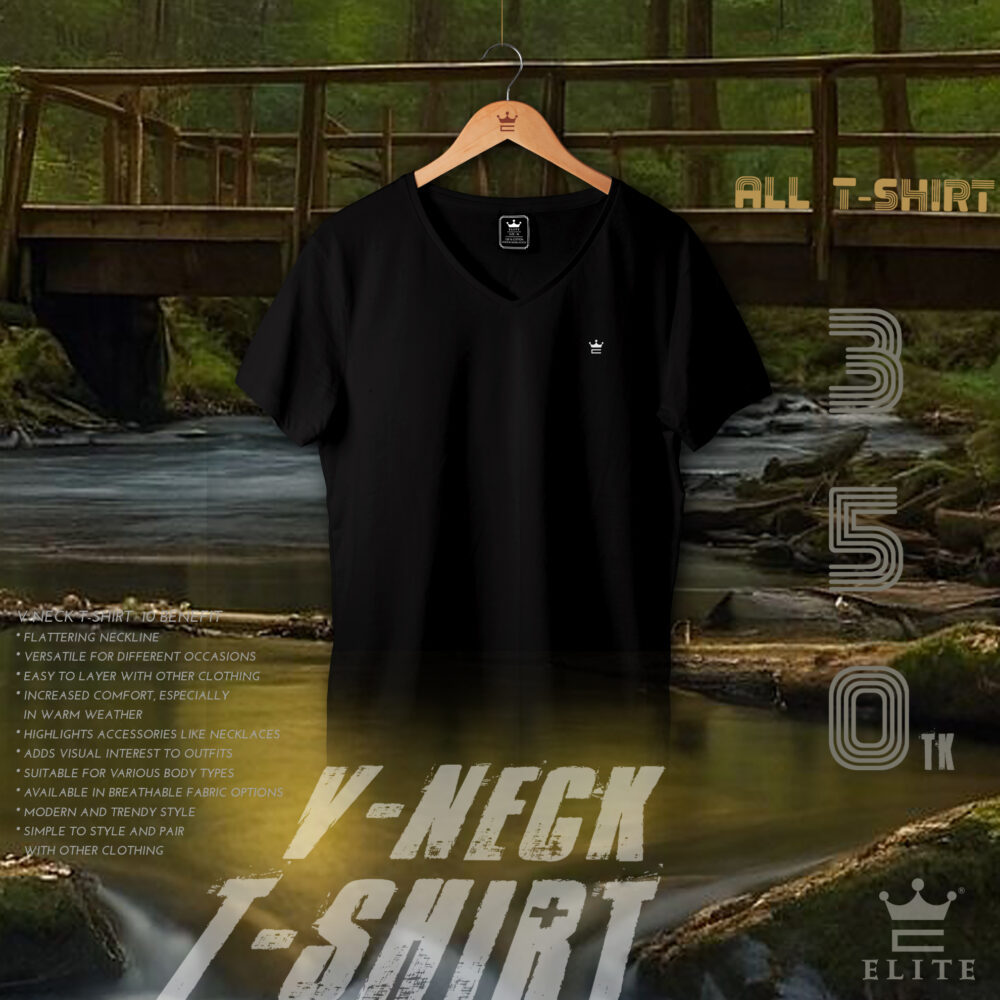 Men's Black Full Cotton V-Neck T-Shirt Elite